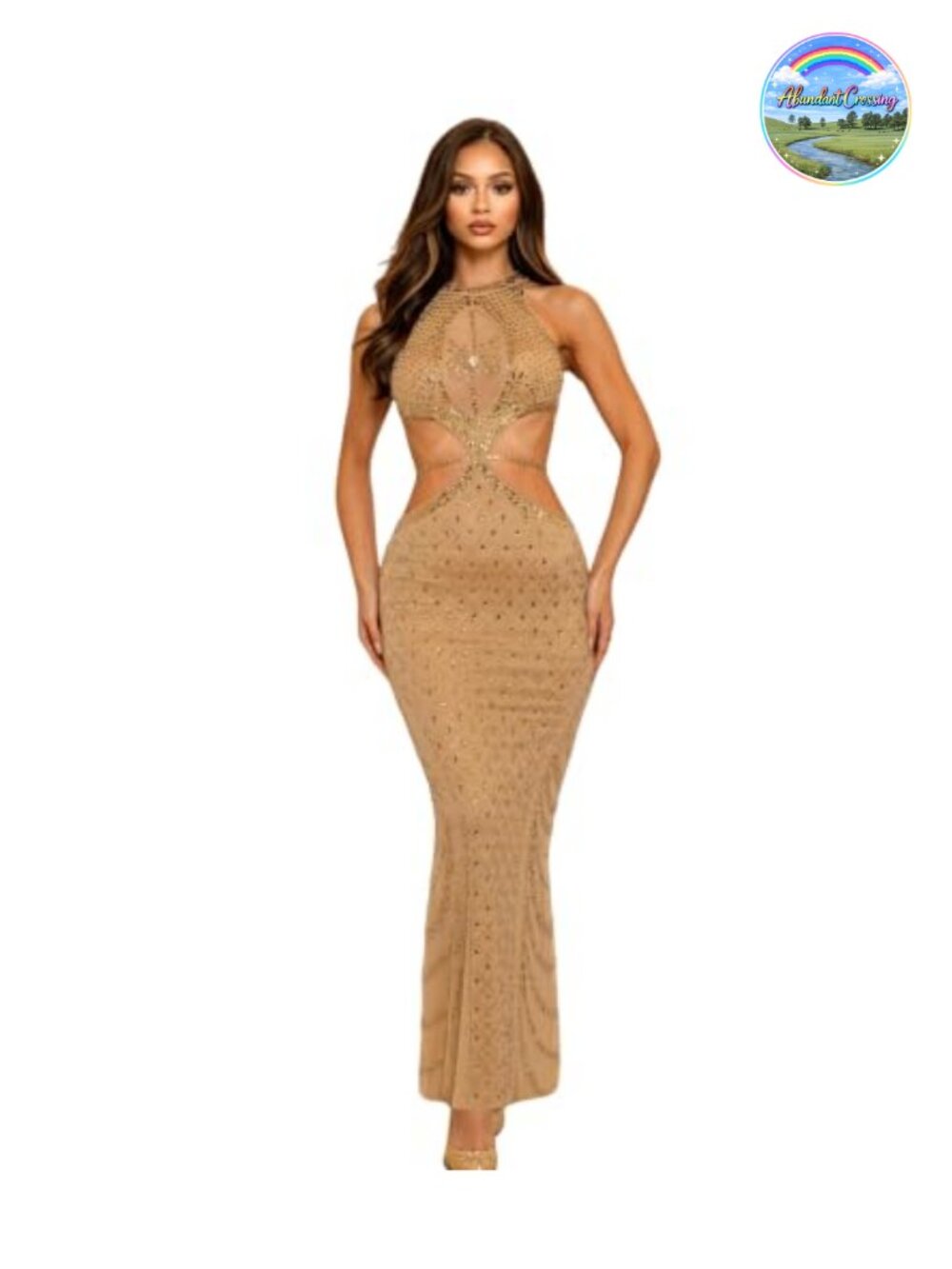 Rhinestone Mesh See Through Halter Bodycon Prom Party Dress